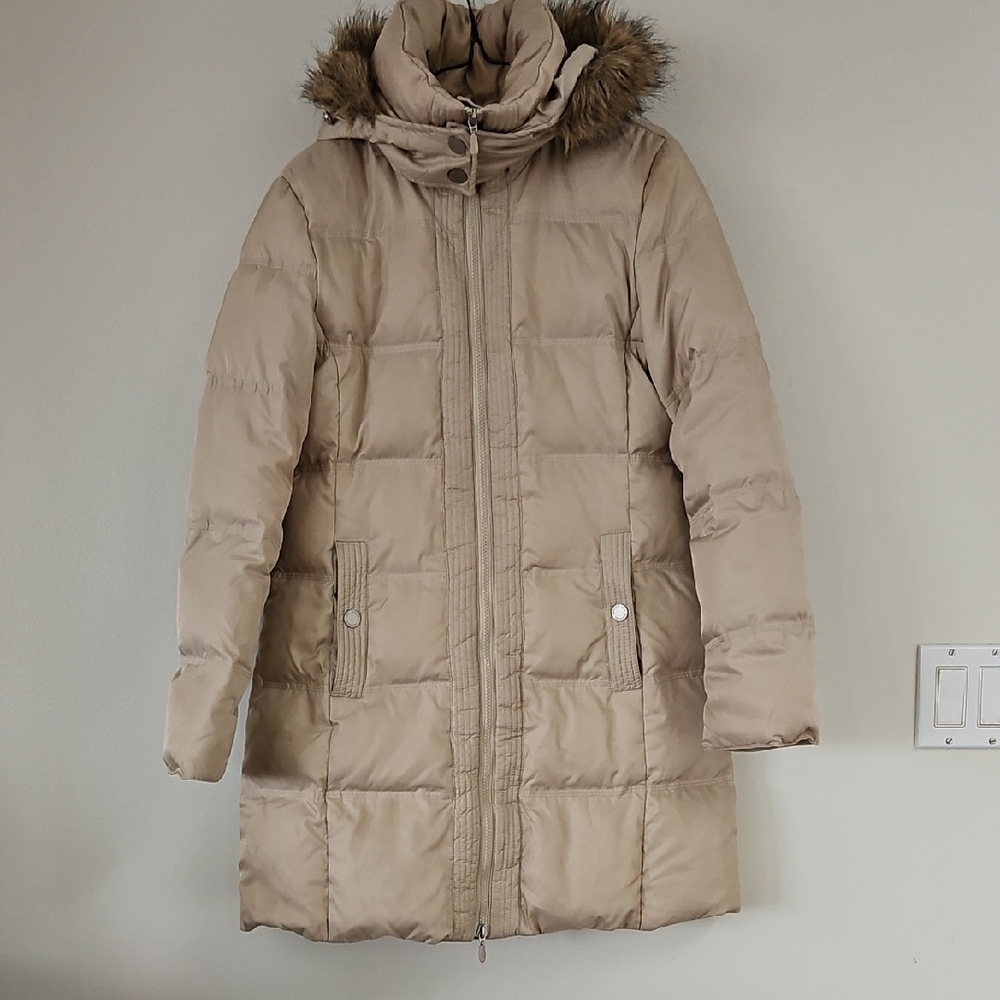 Kenneth Cole Beige Puffer Jacket with Faux Fur Hood